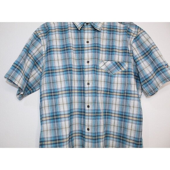 KUHL Short Short Sleeve Men's XL Cotton Blend Light Blue Chambray Button Up - Picture 4 of 15